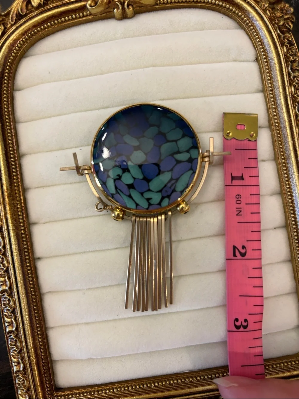 Vintage Glass Mosaics Look Glass Brooch Pin Metal Dangle Pins White Stone UNIQUE